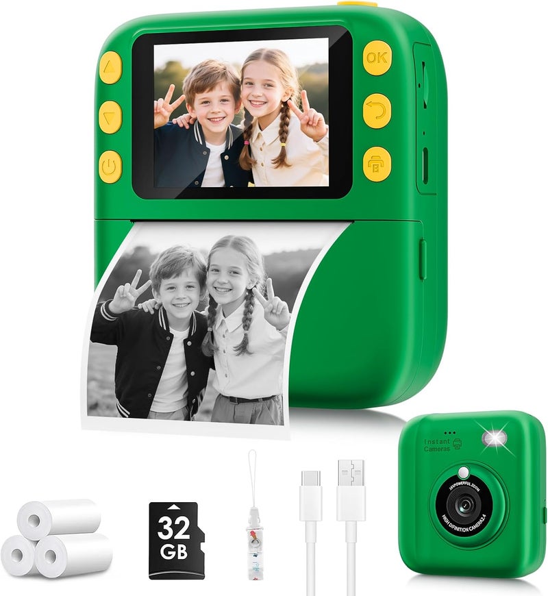 Yusuuo Instant Print Camera for Kids, Christmas Birthday Gifts for Girls Boys, 1080P Instant Digital Print Cameras for Toddler,Portable Toy for 4 5 6 7 8 9 10 Year Old Girl with 32GB SD Card，Green - Image 1